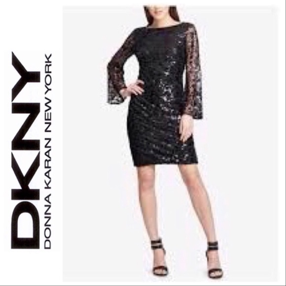DKNY 🥂Black Sequin Bell Sleeve Cocktail dress Tags missing/see measurements - Picture 2 of 8